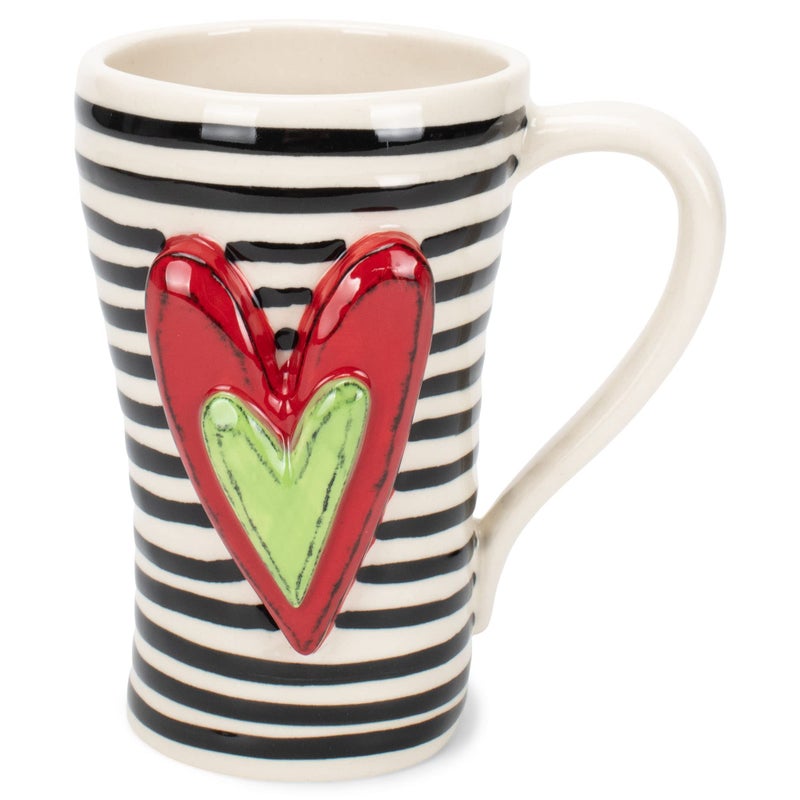 DEMDACO Tracy Pesche Black Stripes Heart Red Green White 15 Ounce Glossy Stoneware Mug With Handle - Image 1
